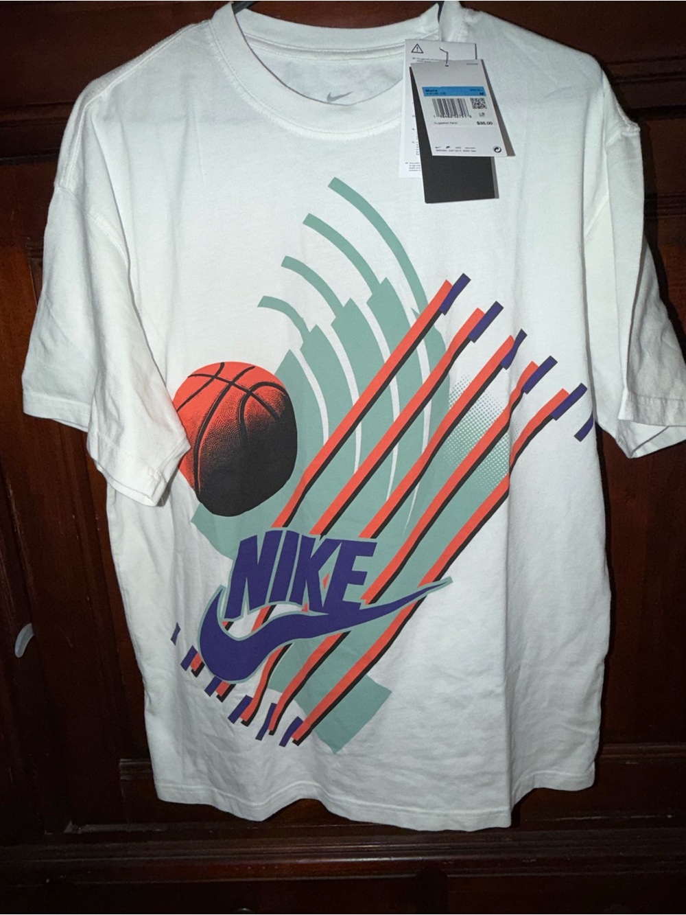 Nike NWT White Tee with Teal, Orange & Purple Basketball Graphic Size Medium